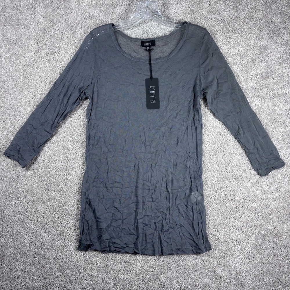 COMFY USA Womens Tunic Top Long Sleeve Gray Crinkle Textured Made in USA M